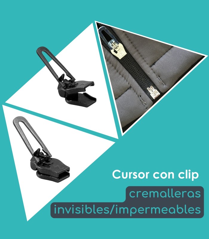 Cursor con clip para cremalleras invisibles/impermeables
